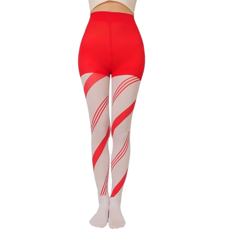 Christmas Colorblock Candy Cane Striped Pantyhose High Waist Full Length Tights