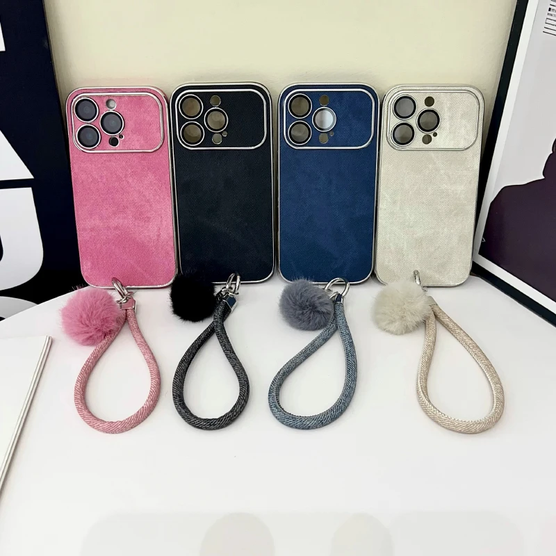 Matte Soft TPU Denim Texture PU Leather Plush Lanyard Phone Case For iPhone 17 Pro Max 15 14 13 16 Pro Max Plus Bumper Back Case