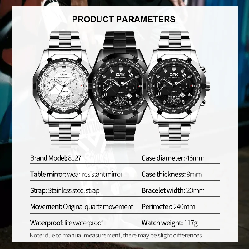 OPK 브랜드 스틸 벨트 듀얼 캘린더 남성용 쿼츠 시계 8127