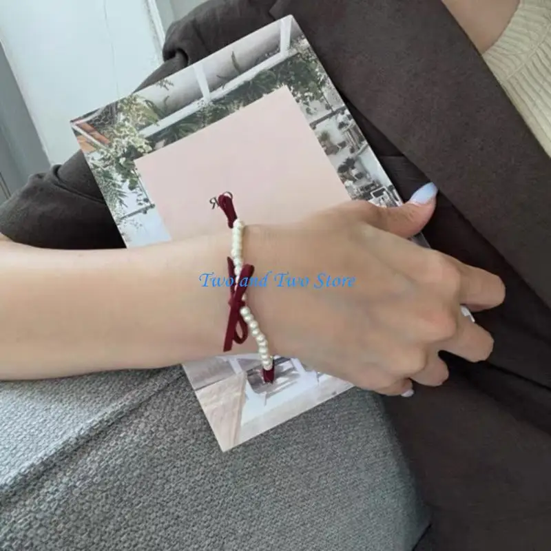 

HX6F Trendy Beads Bracelet Bowknot Wrist Chains for Women Adjustable Handchains