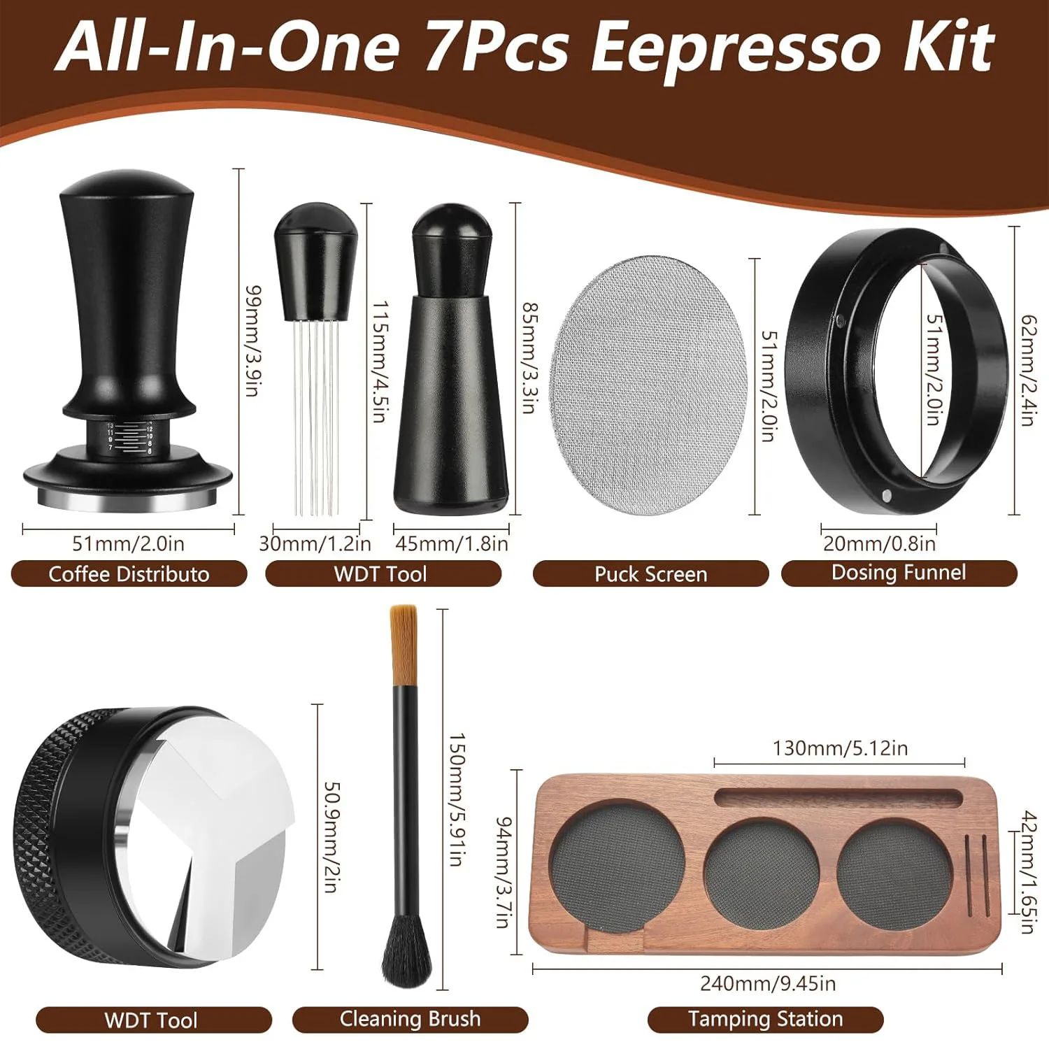 7Pcs/Set 51mm 53mm 58mm Espresso Coffee Tamper Set Barista Coffee Accessories Utensil Kit with Dispenser & Powder Tamp Pad