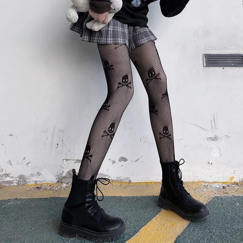Sexy Netzstrumpfhose in Schwarz im Lolita-Stil, Kawaii Lange Fischnetz-Strumpfhose, JK Superelastische Retro Geometrische Spinnennetz Y2K Strümpfe – Detail 4