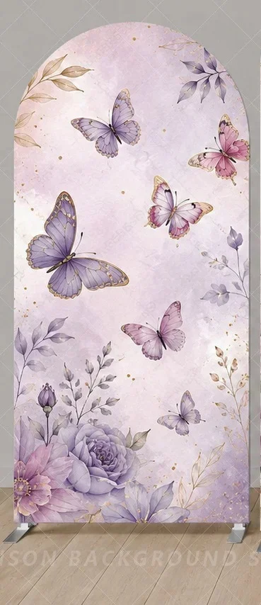 Purple Butterfly Birthday Arch Cover Backdrop Floral Butterfly Party Lavender Pink Garden Three Panel background