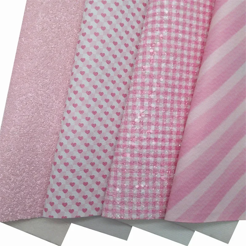 Pink Gingham Glitter Faux Leather Stripe Printed Synthetic Leather Glitter Faux Leather Felt Backing Glitter Sheet 21x29CM Q1805