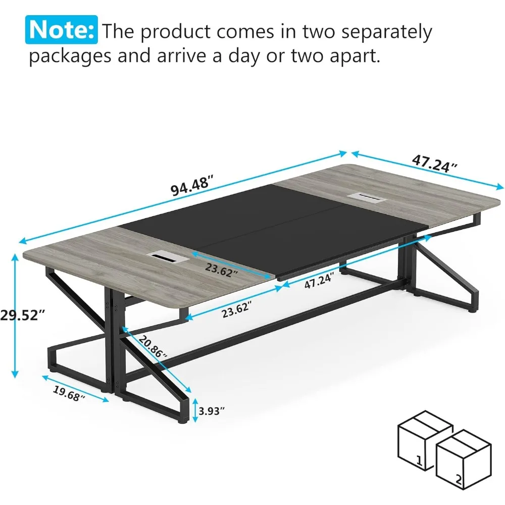 Table de conférence avec passe-câble, table de salle, bureau de conférence pour le bureau à domicile, 94,48 L x 47.24W x 29.52H pouces, 8 pieds