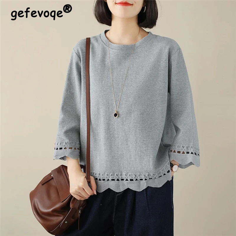 Women\'s Vintage Simple Casual All Match Cotton T-shirts Korean Fashion Hollow Three Quarter Sleeve Loose Top Female Clothing2023