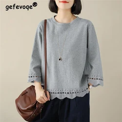 Women's Vintage Simple Casual All Match Cotton T-shirts Korean Fashion Hollow Three Quarter Sleeve Loose Top Female Clothing2023