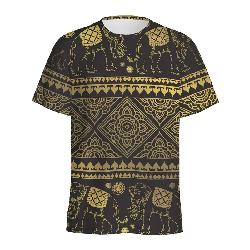 Retro Ethnic Elephant Pattern T Shirt For Men 3D Printed Animal Elephants Graphic T-shirt Women Summer Tops Short Sleeve Tees