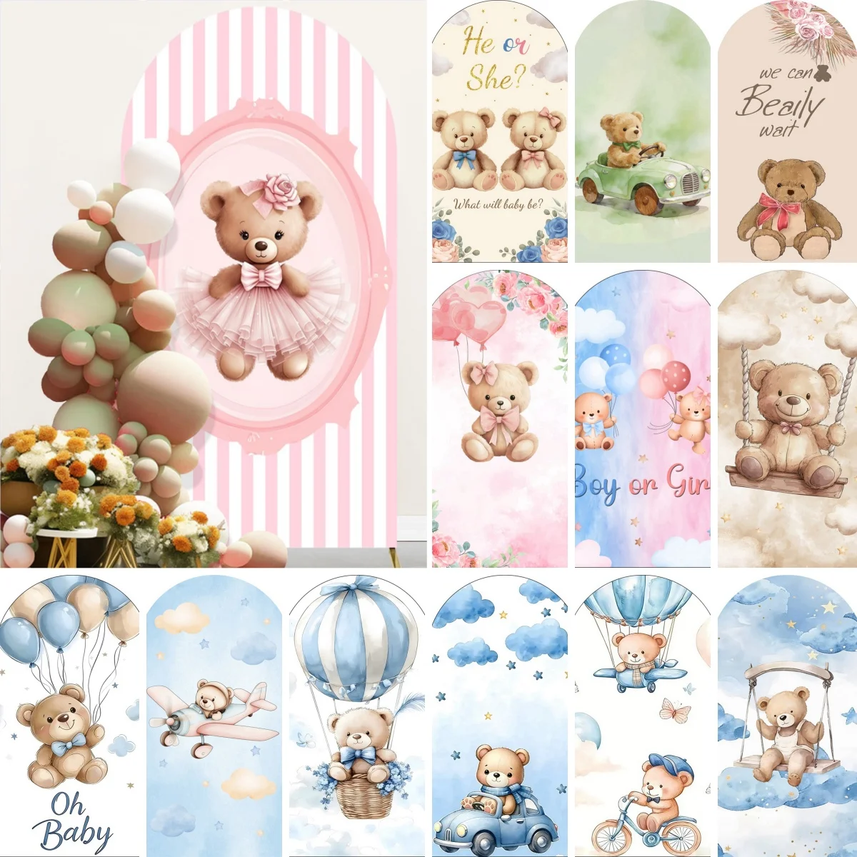 Yeele Teddy Bear Arch Backdrop Cover Hot Air Balloon Flowers Baby Shower Girls Boys Birthday Party Covers for Decorative Arches