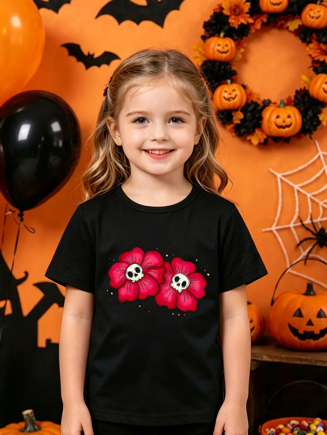 Halloween Red Flower Skull Print Kids Short Sleeve T Shirt Round Neck Casual Holiday Tops For Girls Spooky Floral Children Tee