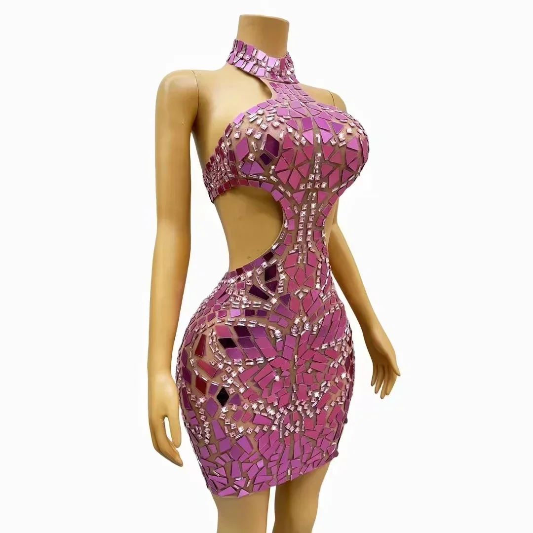 Purple Sexy Slim Fit Short Skirt Crystal Rhinestone Mesh Fabric Nightclub Club Party Stage Costume Women's Performance Costume