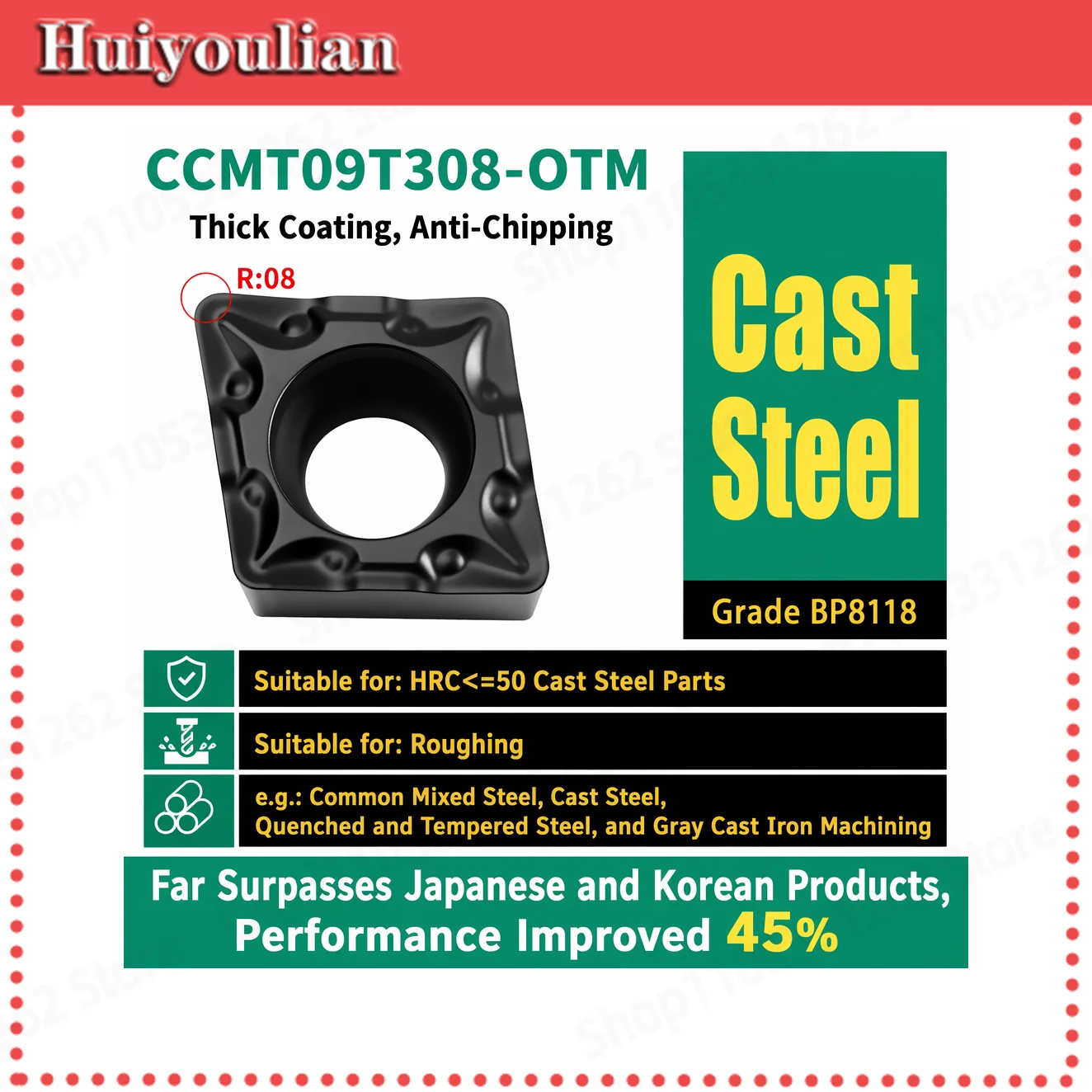 CCMT09T308-OTM Black Gold Steel Thickened Coat for Cast Misc Grey Iron Alloys HRC≤50 Rough Turning Inserts R08 CNC 45%