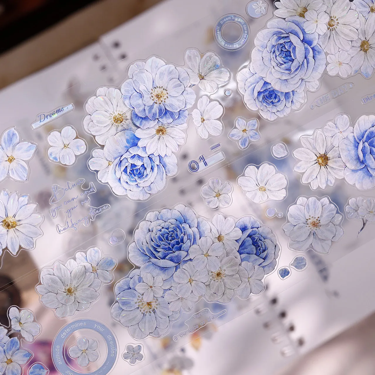 Retro Light Blue Floral Washi PET Shell Shiny Die-Cut Tape for Journaling Scrapbooking DIY Craft Decoration