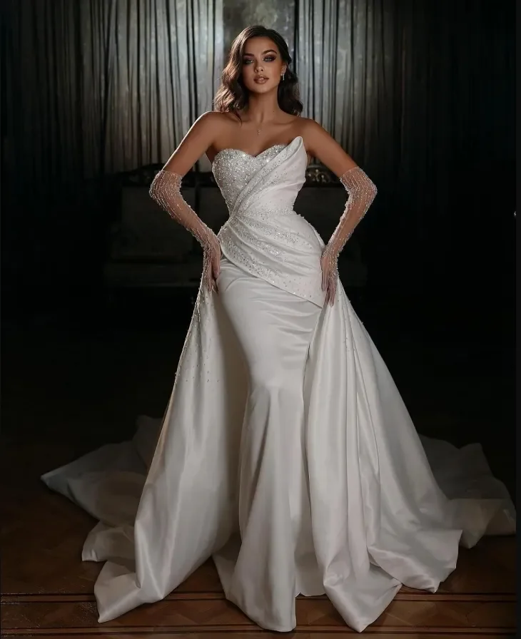 Customized Dubai Arabic Mermaid Wedding Dresses Beaded Party Bridal Gown Satin Detachable Train