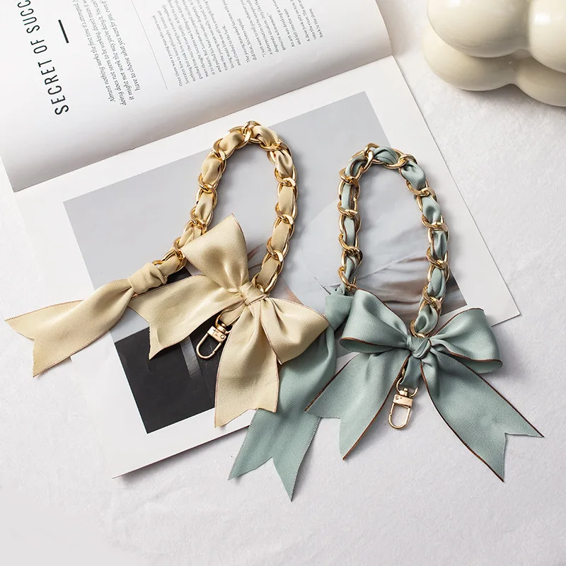 

35cm DIY Bag Chain with Silk Scarf Metal Hand Chain Bow Decorative Chain Strap Transformation for Hand Carry Bags