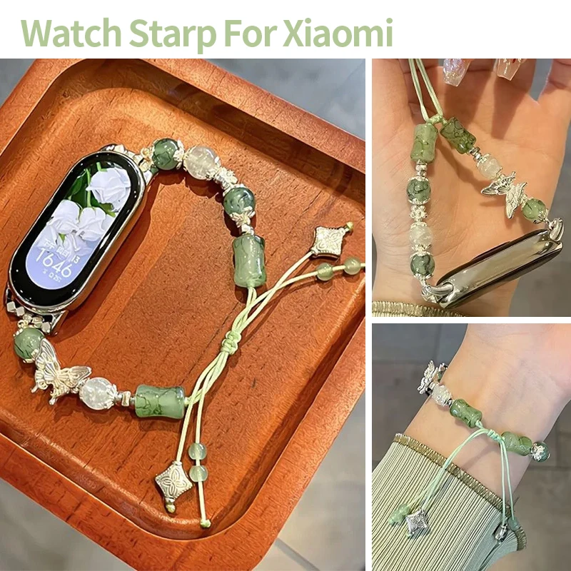 Women Chinese Green Jade Beaded Strap for Mi Band 10 9 8 Crystal Butterfly Adjustable Smart Bracelet Replacement Wristband Girls