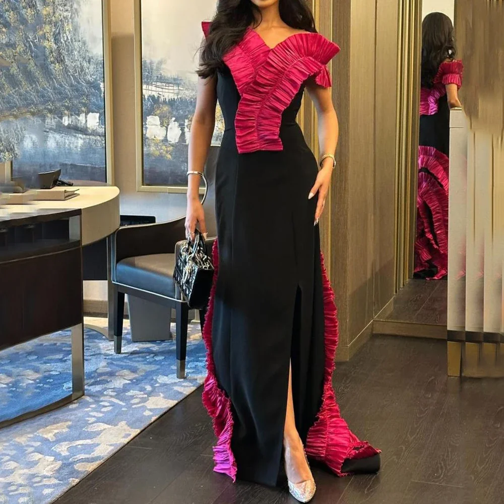 

Flechazo Straight Floor Length Evening Dress Short Sleeves Jersey Side Slit with Ruffles Women Customized فستان سهرة نسائي