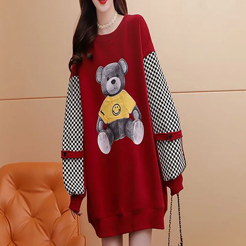 Fashion Solid Color Cartoon Plaid Casual Sweatshirts Female Clothing 2023 Autumn Oversize Korean Tops Casual Sweatshirts