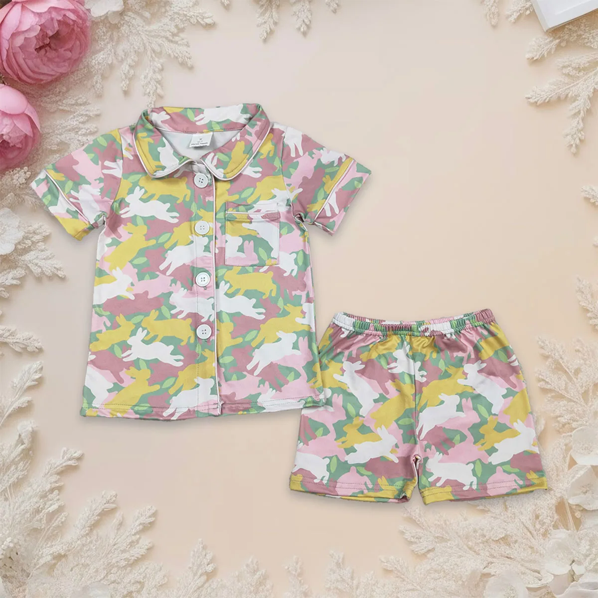 

Toddler Baby Girl Short Sleeve Rabbits Camo Button Pocket Tops Shorts Easter Kids Pajamas Set Clothes Children 2Pcs Sets