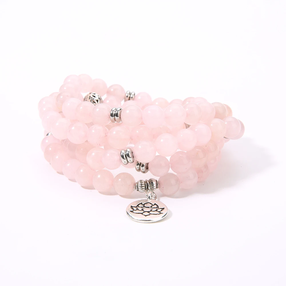 

OAIITE 8mm Rose Quartz Natural Amazon Wrap Mala Bracelet Yoga Meditation Lotus Pendant Classic Charm Bracelet