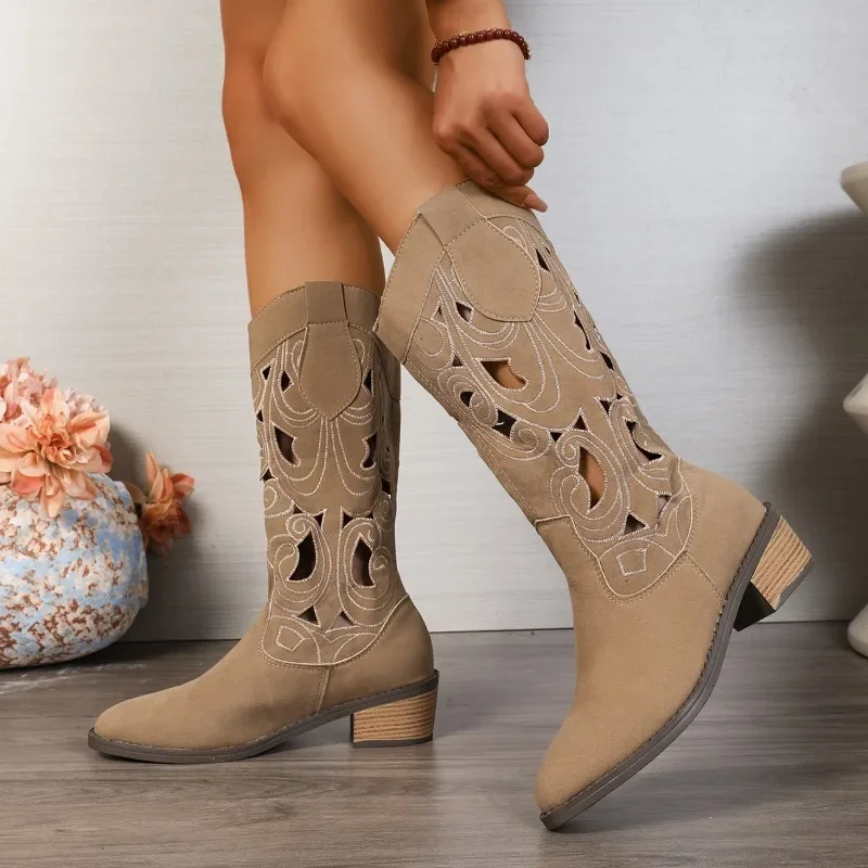 

New Women's Fashion Boots Pointed Toe Square Heel Hollow Mid-tube Boots Retro National Style Plus-size Women's Shoes Botas Mujer