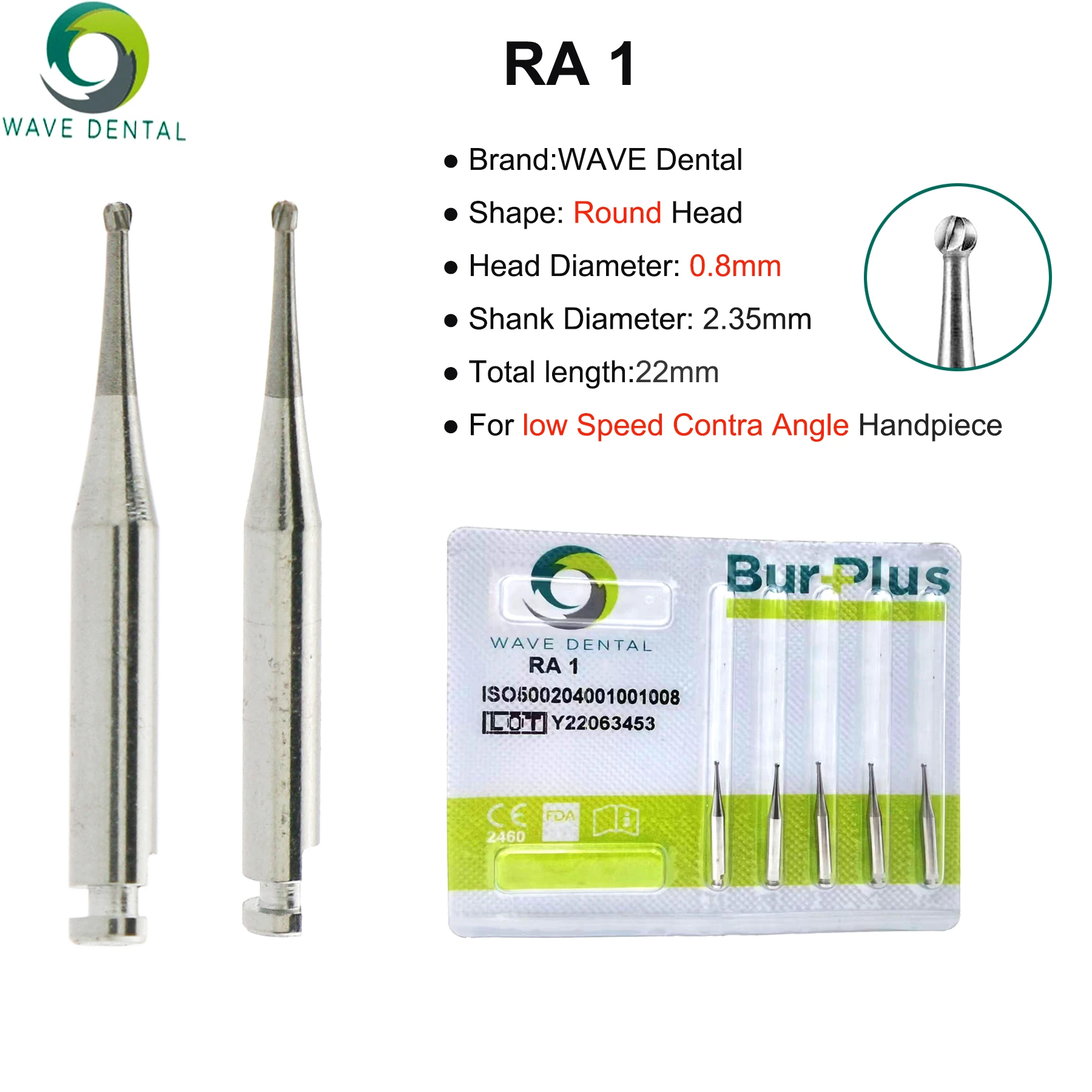 PRIMA WAVE-Carboneto de Tungstênio Brocas Dentárias, Cabeça Redonda, Contra Angle Handpiece, Contra Angle, Série RA, Diâmetro 2,35 milímetros