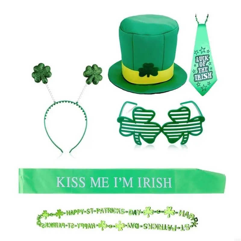 

49MF 6Pc Patrick's Day Accessory Set,Green Shamrock Eyeglasses Leprechaun Hat for Saint Patricks Holiday Party Decor