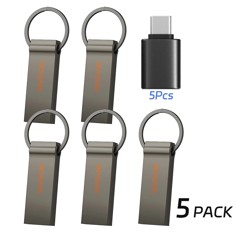 Groothandel 5 10 20 stuks USB 2.0 flash drive 1GB 2GB 4GB 8GB 16GB 32GB 64GB 128GB mini pendrive met sleutelhanger type-C adapter