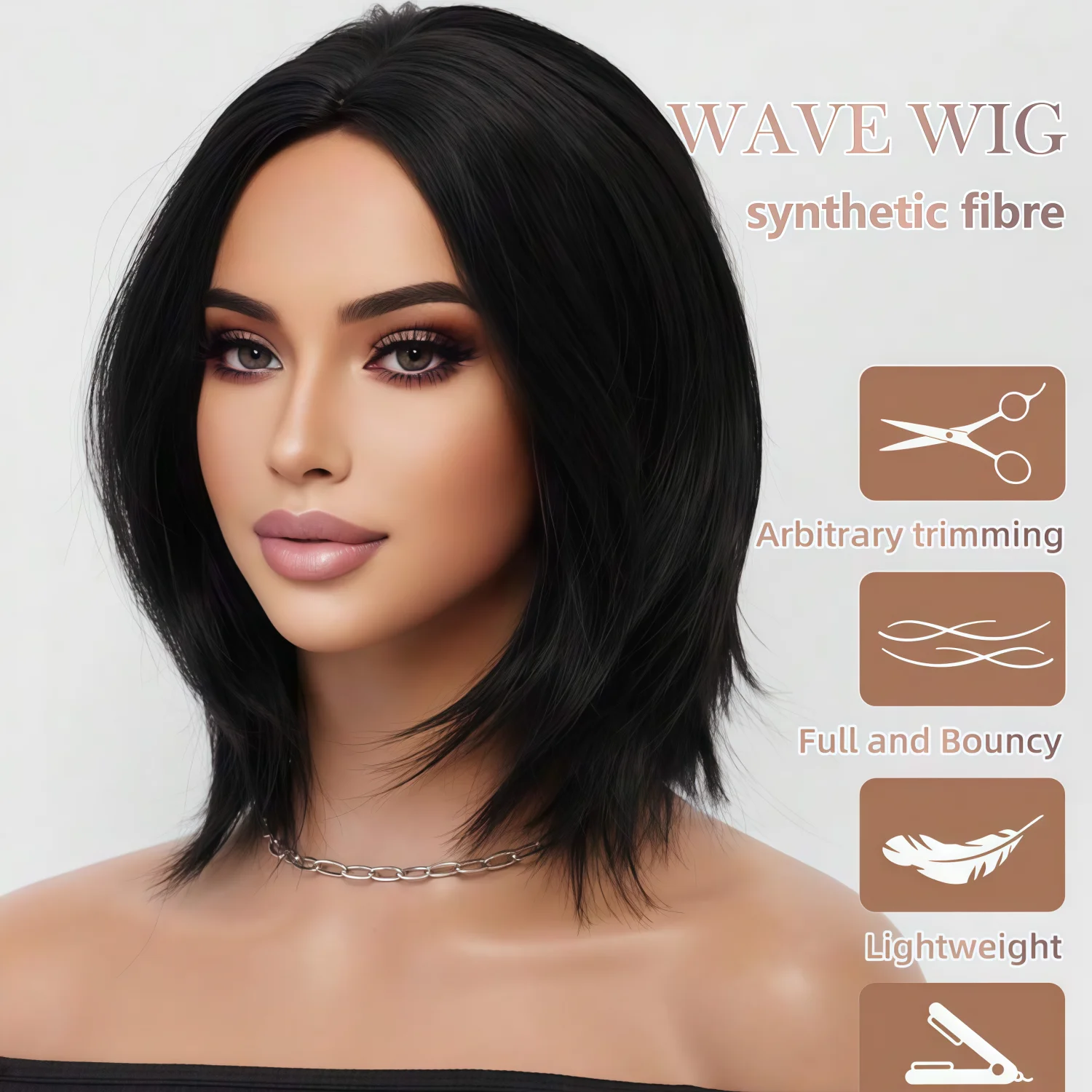 Parrucca corta Bob lunga fino alle spalle con spacco medio nero naturale Parrucca resistente al calore in fibra sintetica traspirante sottile a strati da 14 pollici