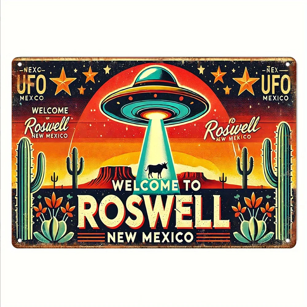 Vintage Roswell UFO Metal Tin Sign - Retro Alien Landing Wall Art with Southwestern Desert Design, Indoor/Outdoor Decor for Hom