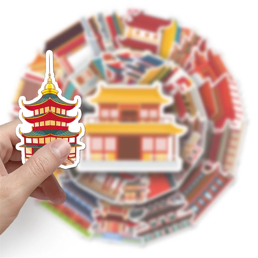 50pcs Vintage Chinese Ancient Architectural Building Sticker For Phone Ipad Stationery Aesthetic Stickers Scrapbooking Supplies