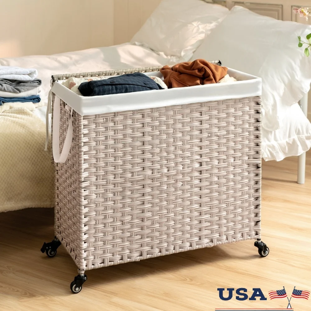 

42.26 Gal Laundry Hamper with Lid and Handles Foldable Wicker Basket 2 Removable Bags Multi-Purpose Storage Organizer Home