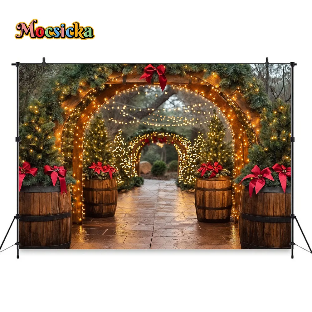 Mocsicka Christmas Archway Background Photography Wooden Xmas Tree Farm Snowflake Backdrop Winter Children Family Photo Studio