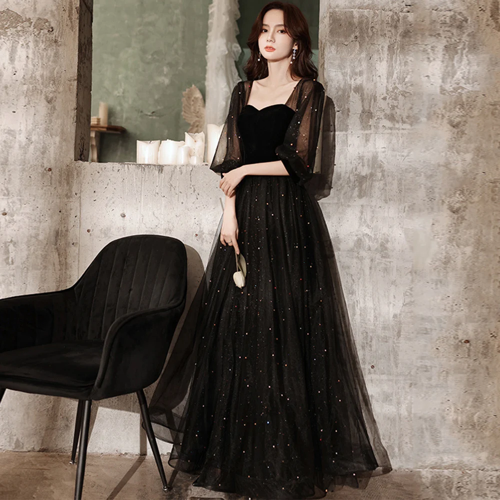 Women\'s Black Evening Dress Elegant Sequins Square Collar Half-Length Lantern Sleeves Prom Gown Fashion Party Long Vestido