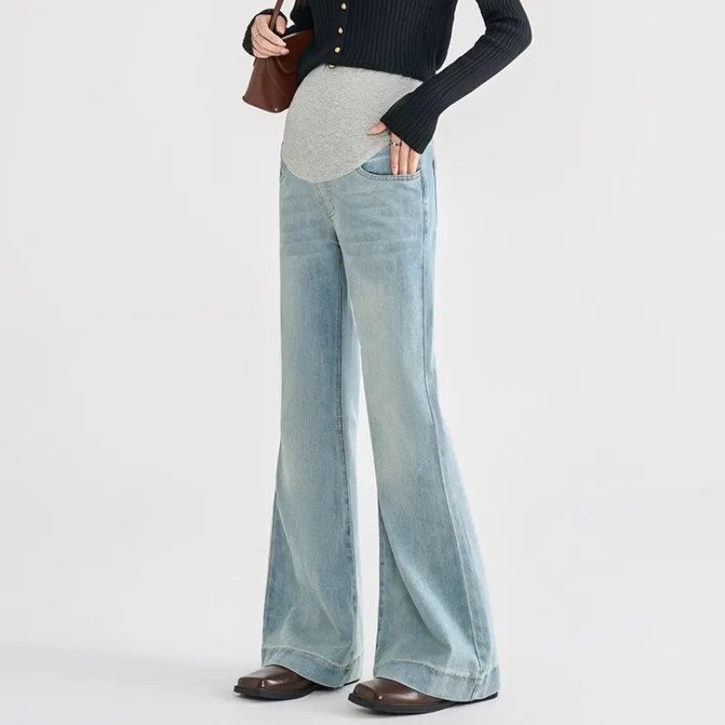 Pregnant Women Denim Flared Pants Maternity High Waist Belly Support Slim Fit Jeans Spring Autumn Casual Pregnancy Clothing