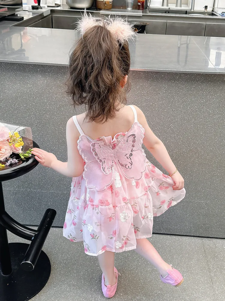 Summer beach baby girl dress with butterfly wings embroidery on the back rose print suspender princess dress