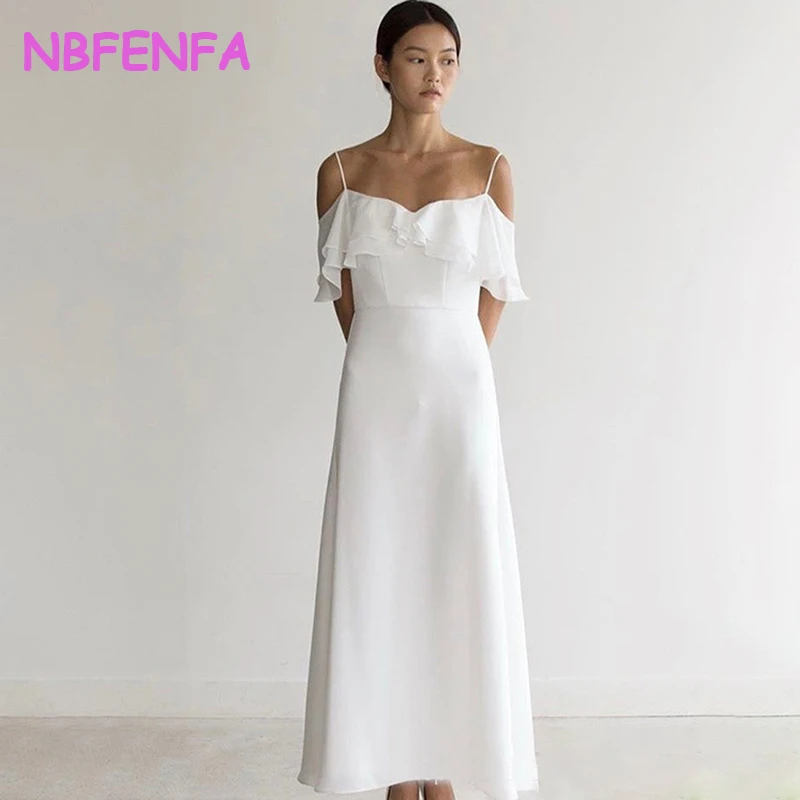 White Suspender Evening Dress Korea Light Wedding Dress Medium Long Style with Lotus Leaf Sleeves Travel Photography Dresses