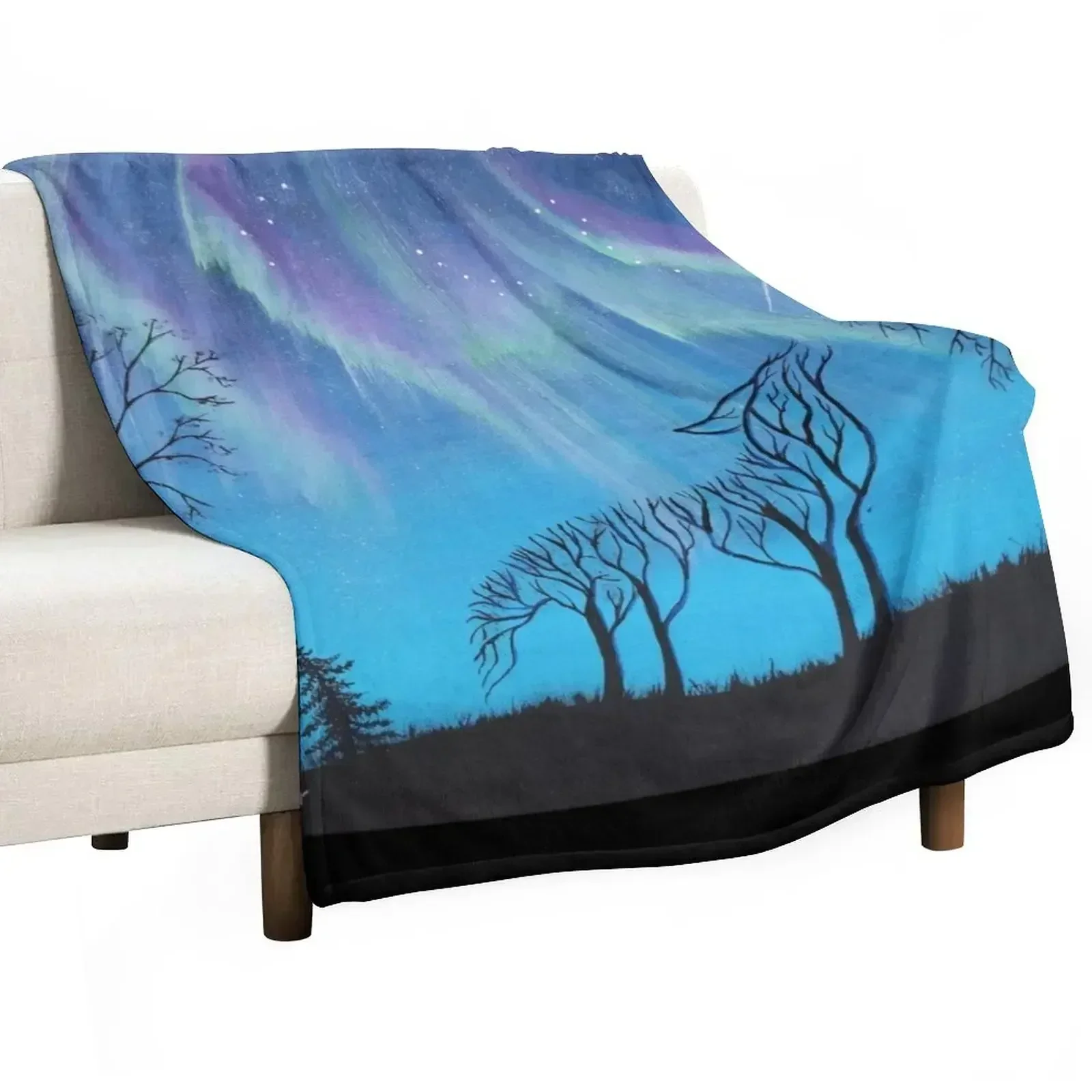 Harmony Trees: Wolf Branching into the Aurora Throw Blanket For Baby Designers Warm cosplay anime Single Cute Blankets