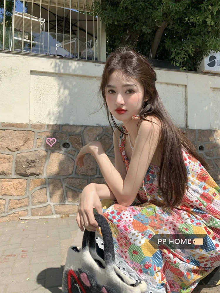 

Summer Thin Strap Floral Print Sleep Dress Women's Nightgown Gown Sleeveless Dress Sweet Cute Teen Girl Home Clothes Sleepwear
