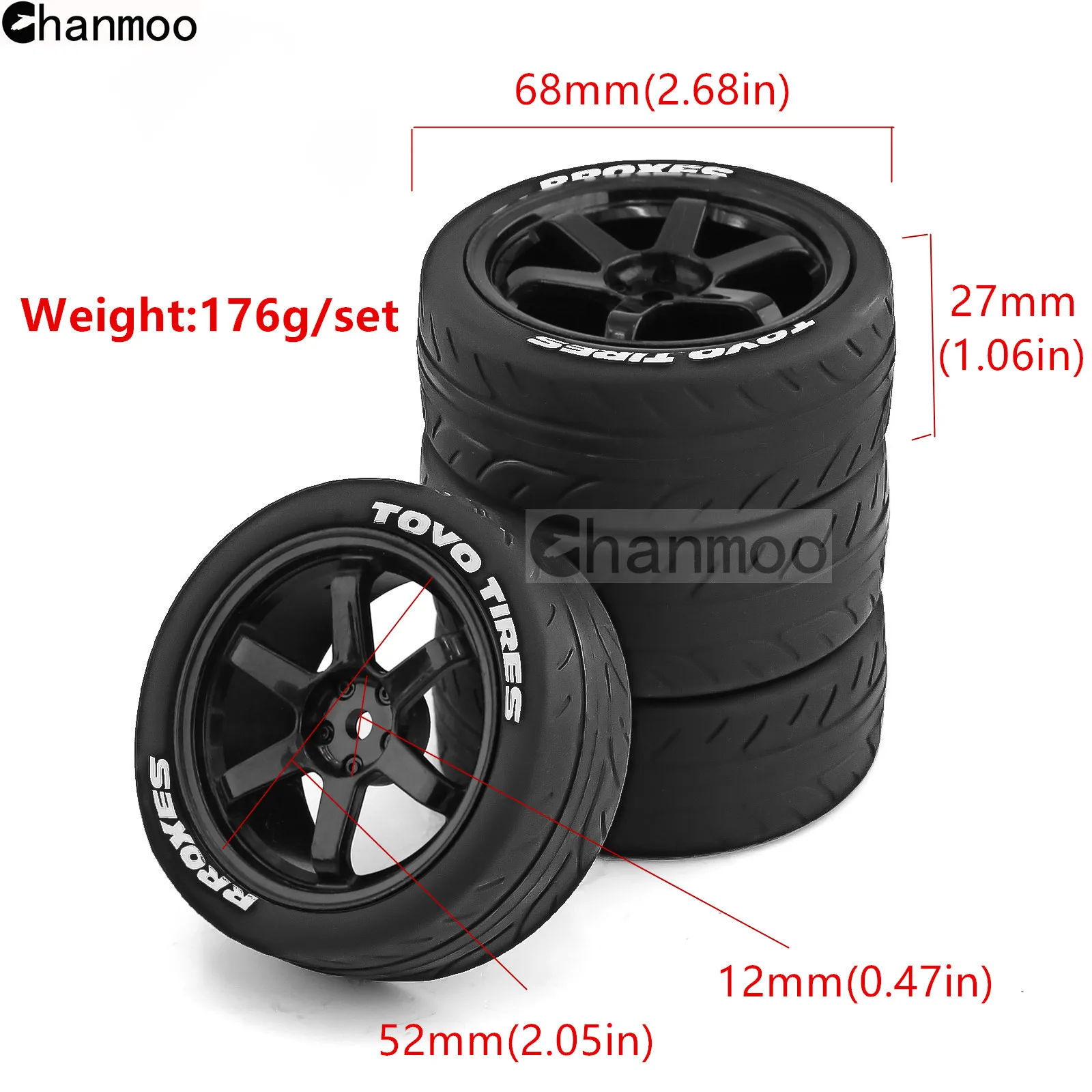 Chanmoo 1/10 RC Rally Racing Wheels Tires On Road Car Rubber Tyres 12mm Hex for HPI KYOSHO Tamiya XV02 XV01 TA06 TT01 TT02 PTG2