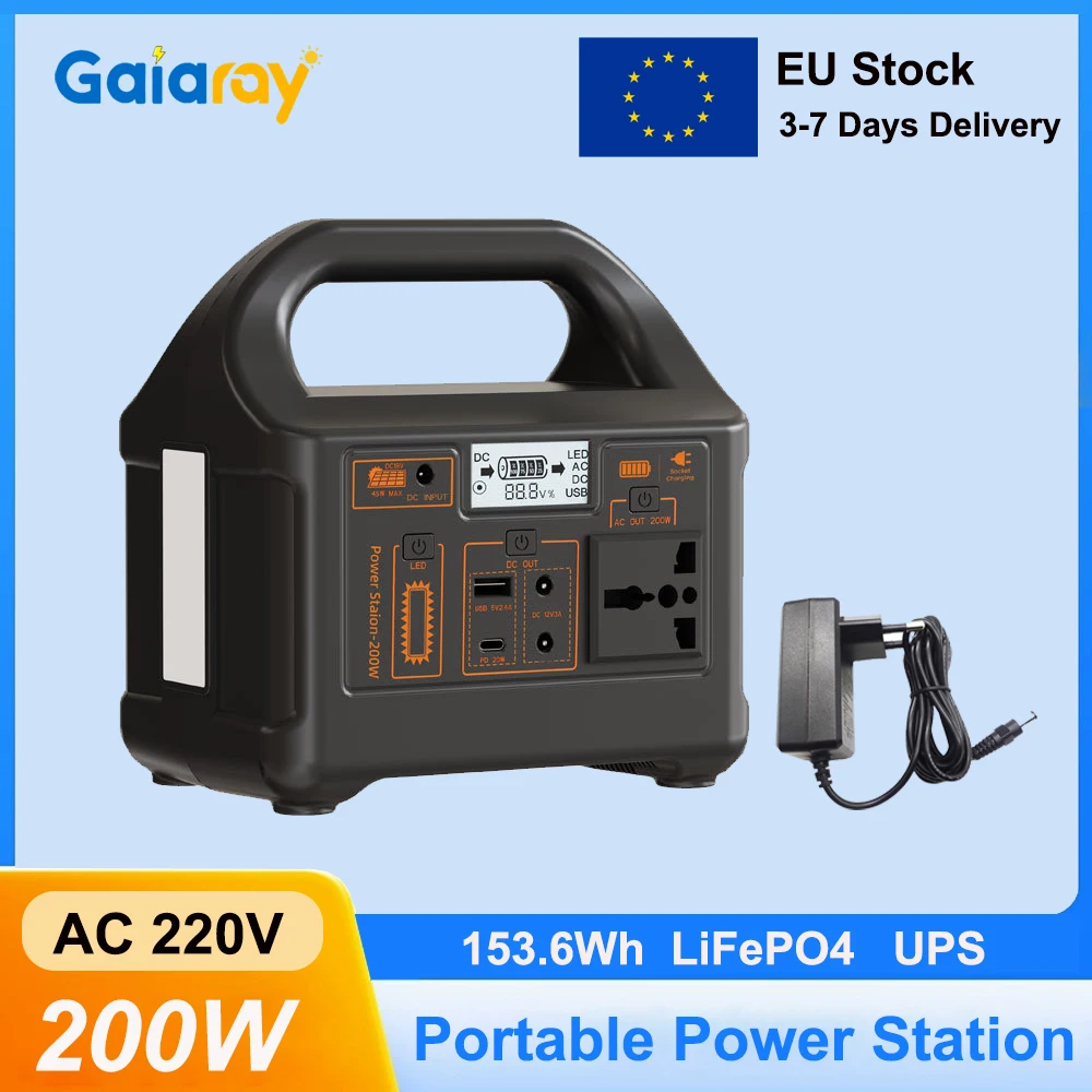 Estación de energía portátil Gaiaray de 200W, batería LiFePO4 de 153,6Wh, generador Solar, estación de carga, energía de emergencia para Camping, RV, hogar
