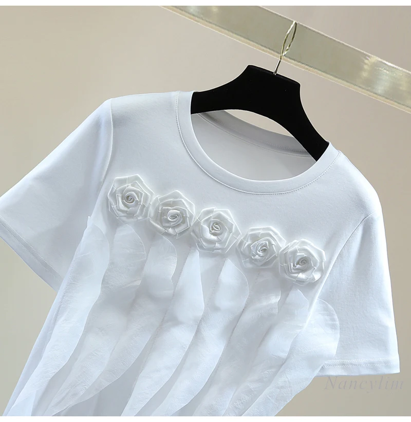 Lotus Leaf Splicing Round Neck Short-sleeved T-Shirt Ladies 2025 Spring and Summer Flowers Tshirt Solid Color Straight Top