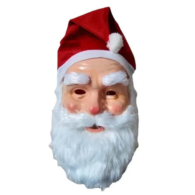 Christmas Santa Claus Plastic Mask with Red Santa Hat Adult Santa Claus Costume Props Cosplay Dress Up Xmas Party Carnaval Mask