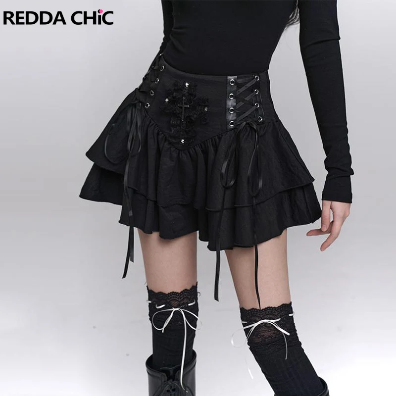 

REDDACHiC Studded Cross Patched Women Skirt Black Dark Lace Up Bowtie Low Rise Layered Ruffle Mini Cake Skirt Goth Women Clothes