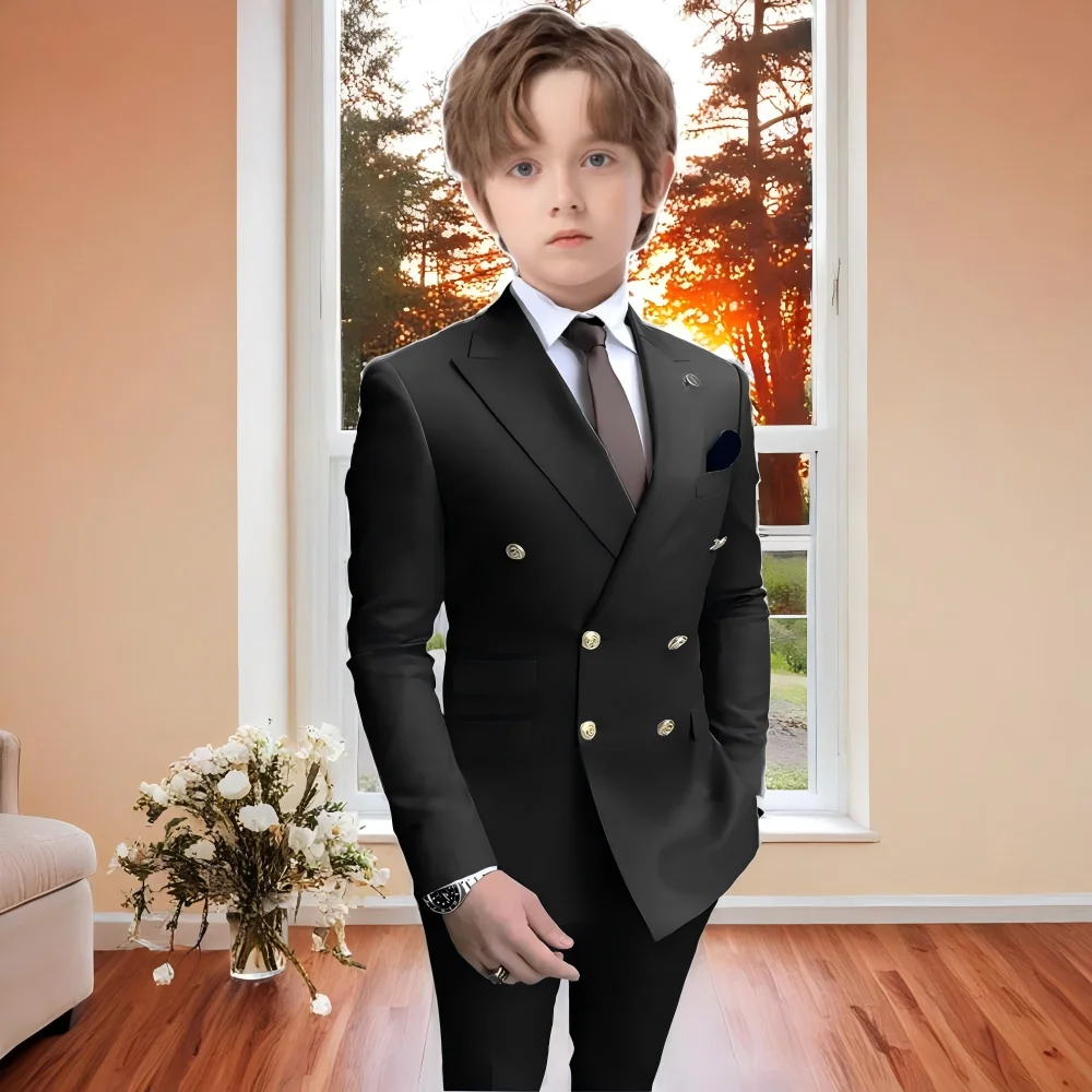 

Black Boy Suits 2 Pieces Formal Jacket Pants for Wedding Double Breasted Outfits Child Tuxedo Slim Fit Customized Set