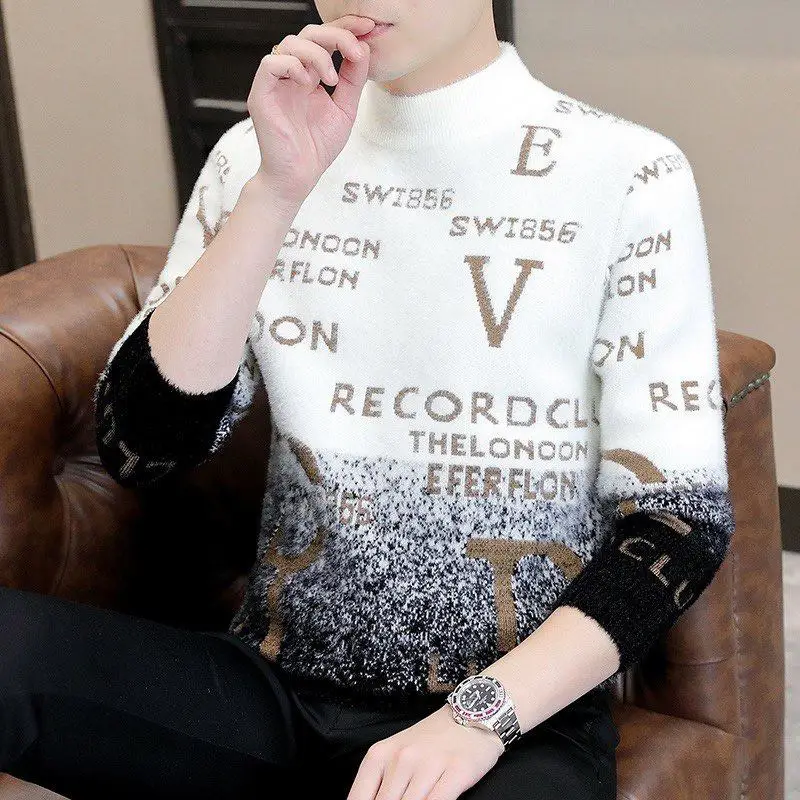 

Men's Faionable Winter Knitted Sweater Versatile Thiened Mink Velvet Casual Wear round Ne Long Sve Warm Ci Sle