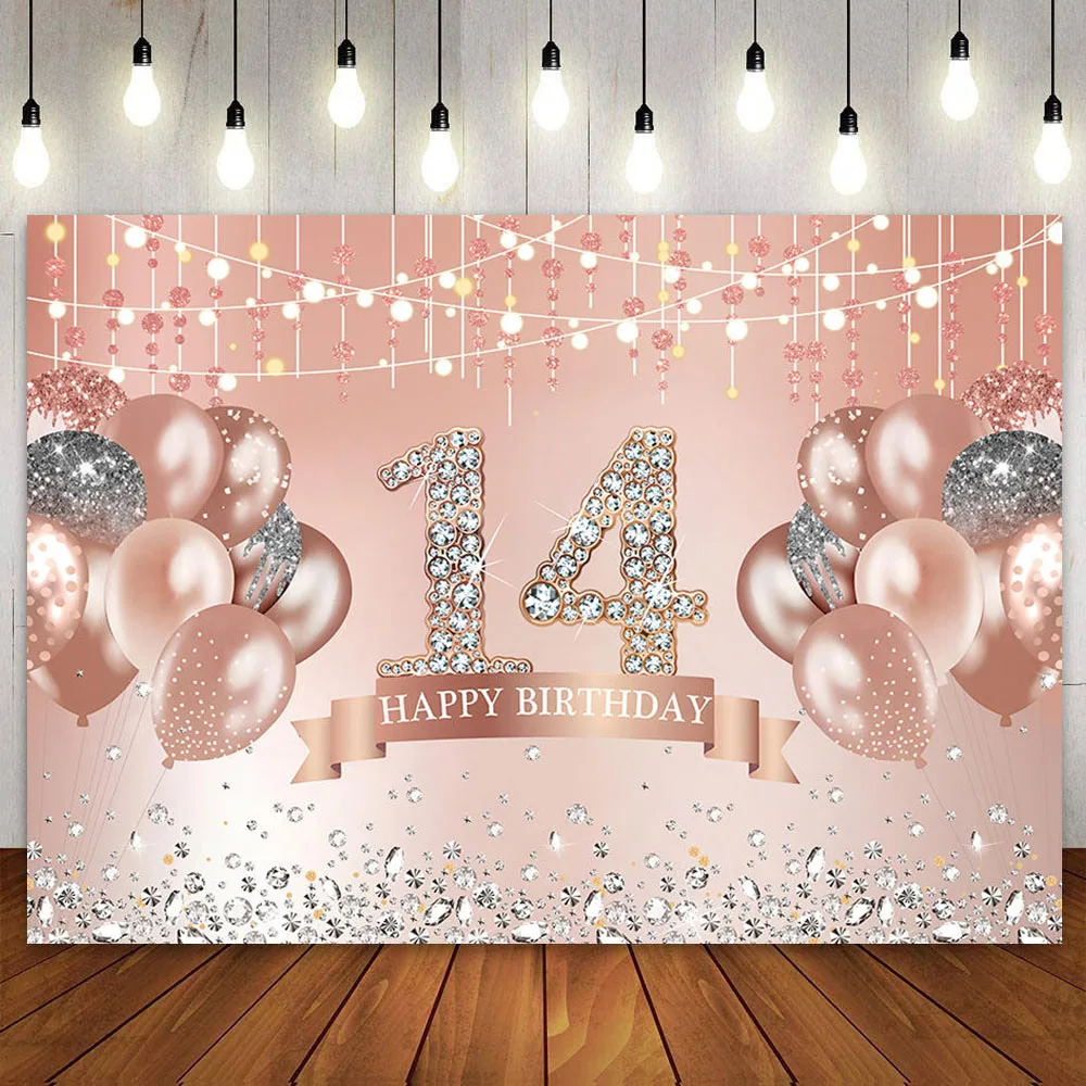 

Happy 14th Birthday Backdrop for Girls Fourteen Years Old Pink Rose Gold 14 Bday Party Decoration Banner Photography Background