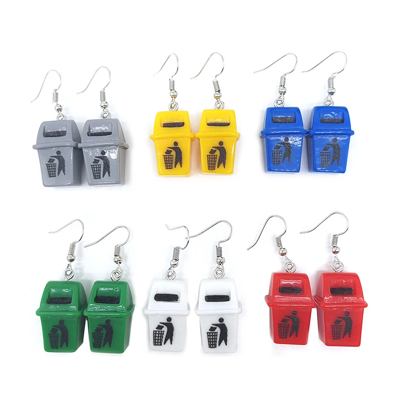 Resin Colorful 3D Trash Can Drop Earrings For Women Friend Gift New Cute Creative Funny Mini Dustbin Pendant Earring Jewelry