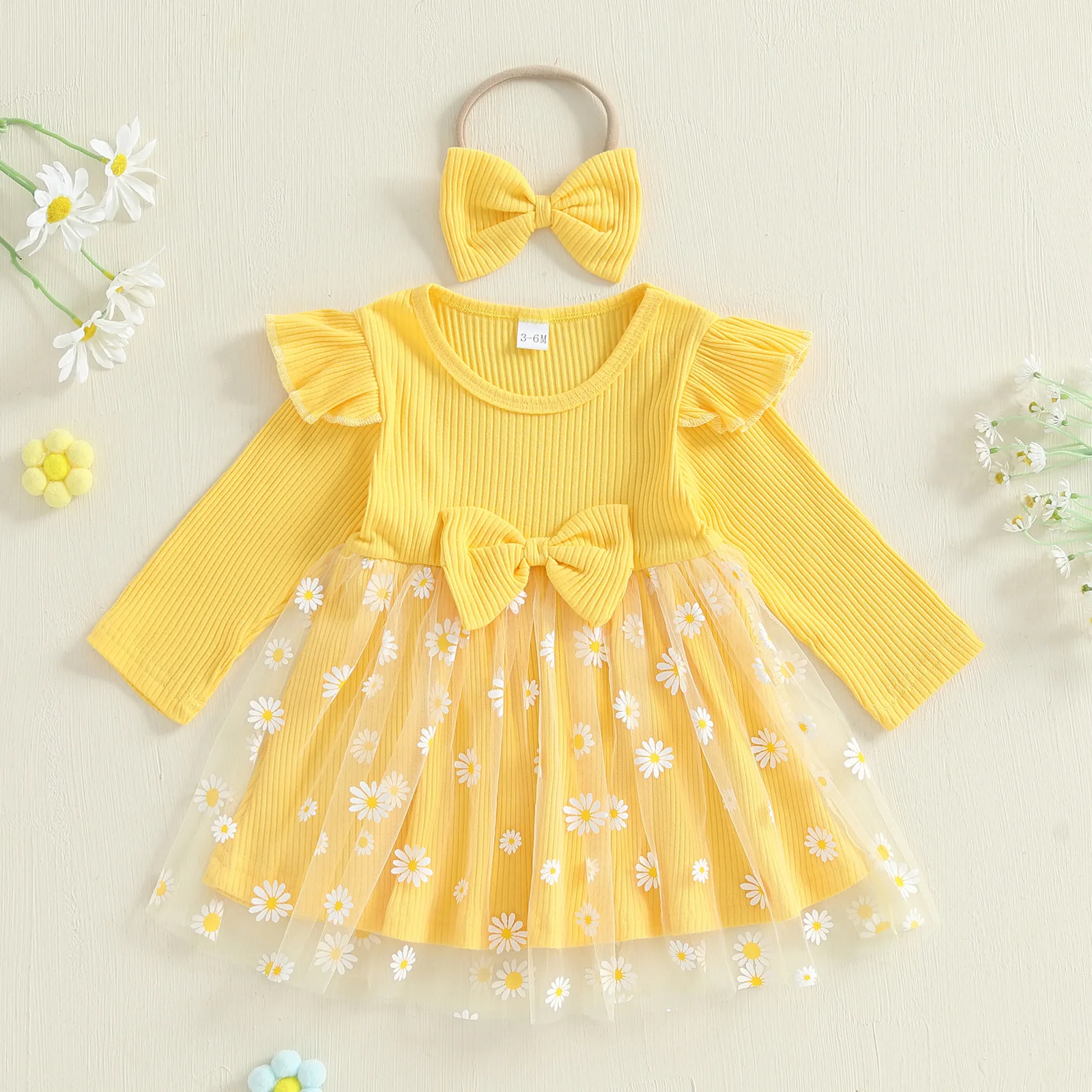 Autumn Girl From March To 3 Years Old Sweet Little Wrinkled Chrysanthemum Mesh Fly Sleeve Long Sleeved Dress+bow Headband