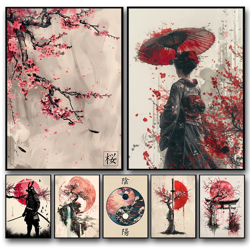 1pc Frameless Canvas Painting Japanese Landscape Samurai Geisha Bonsai Torii Gate Sakura Art Poster Canvas Painting Wall Prints